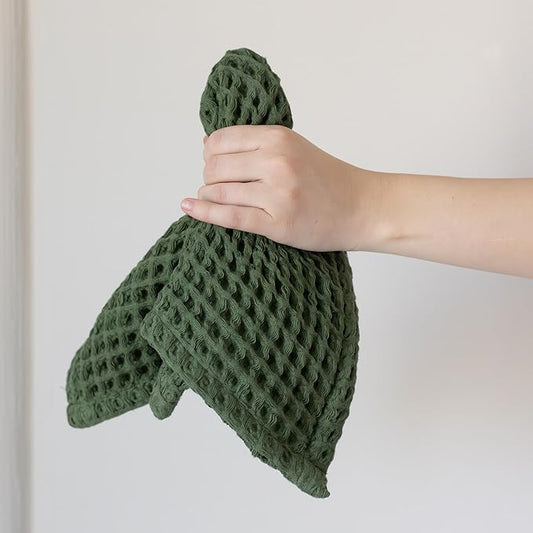 Waffle Washcloths Set of 8 Green - Premium Quality 100% Turkish Cotton Face Washcloth, Soft Makeup Towel, Shower Cloth, Kitchen Towel (Dark Green, Set of 8 Washcloths)