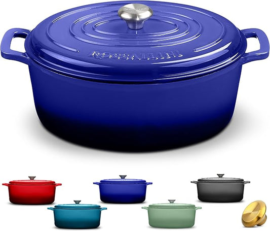 Signature Enameled Cast Iron Oval Dutch Oven | Non-Stick Serving Pot with Tight Fitting Lid for Perfect Roasting, Baking, Sauteing, and Bread Making | 5Q [Indigo Blue]
