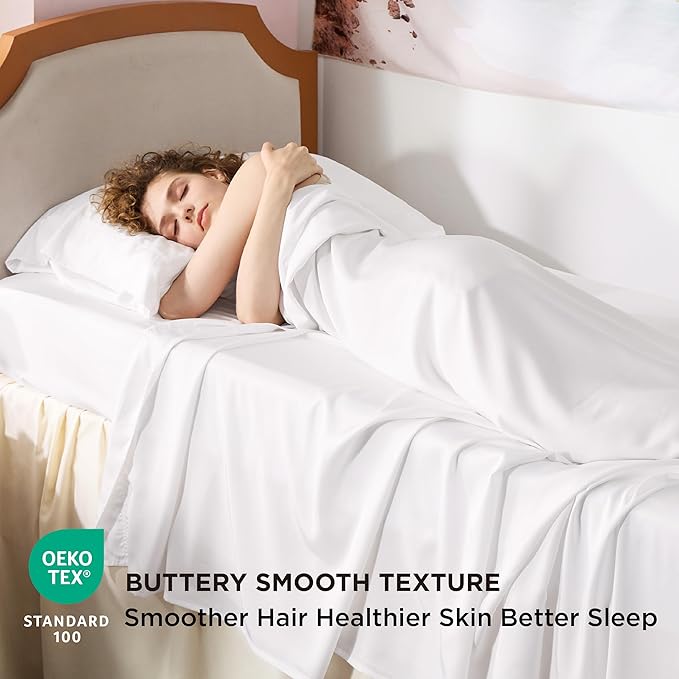 Bedsure Cooling Sheets Twin XL, Rayon Derived from Bamboo, Breathable & Soft Twin XL Sheet Sets, Deep Pocket Up to 16 Inches, Hotel Luxury Silky Dorm Bedding for Hot Sleepers, White