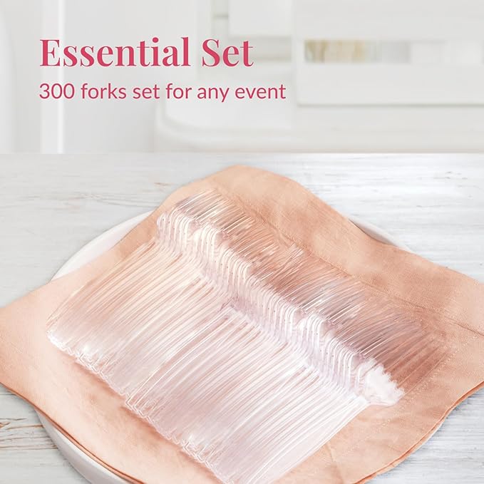 Prestee 300 Count Disposable Plastic Forks - Heavy Duty Silverware Bulk Set - Clear Plastic Utensils for Catering, Weddings, Parties, BBQ - Elegant and Sturdy Forks for Events and Buffets