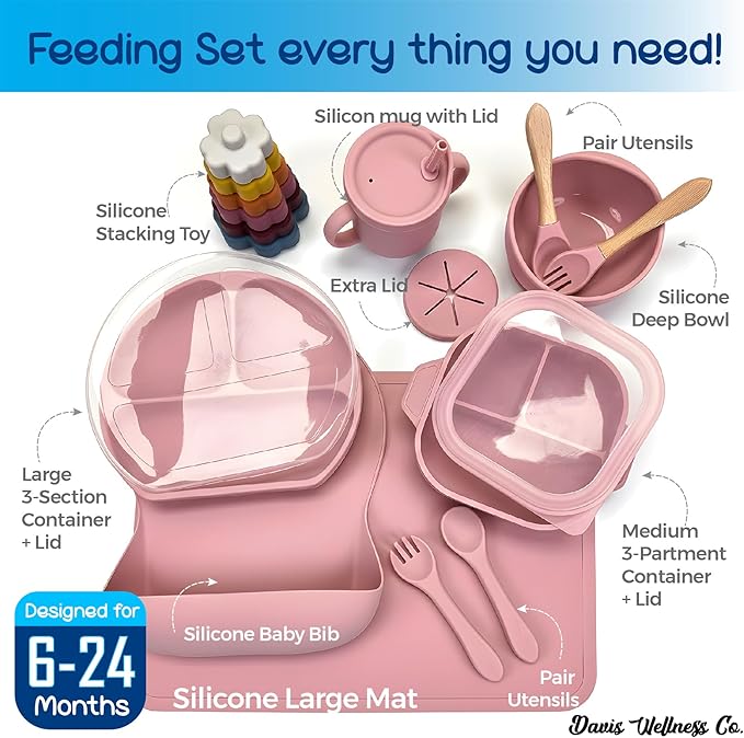 No-Mess Baby Feeding Set — Strong Suction Bowls + Soft Spoons (8-Piece) (Pink)
