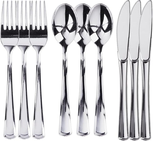 Prestee 300 Piece Heavy Duty Plastic Silverware Set - 100 of Each Silver Plasticware Forks, Spoons, Knives - Flatware Cutlery for Weddings - Durable Disposable Plastic Utensils for Catering, Buffets