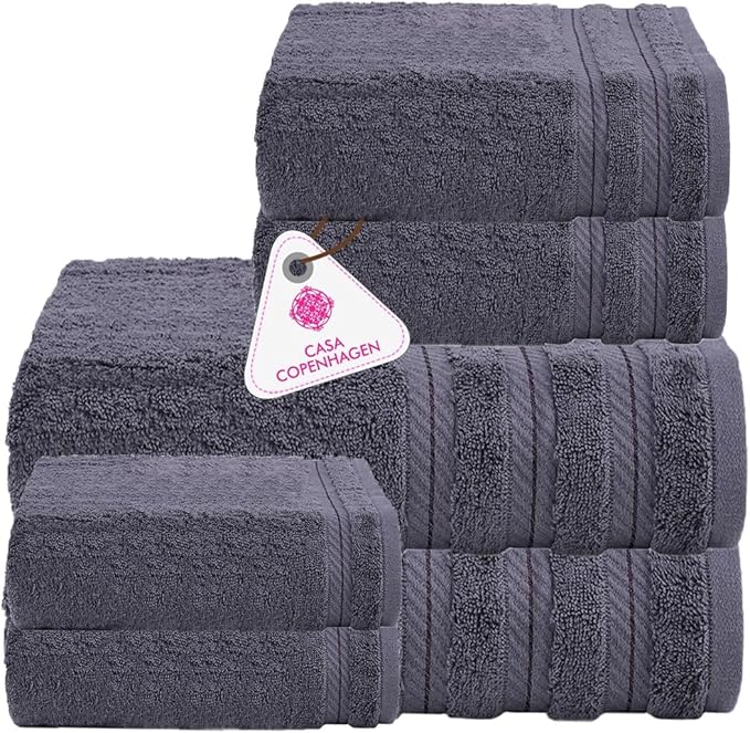 CASA COPENHAGEN Bella 6 Pieces Towel Set- Pinstripe Grey, 600 GSM 2 Bath Towel 2 Hand Towel 2 Washcloth, Designed in Denmark Made of Soft Egyptian Cotton for Bathroom, Kitchen & Shower