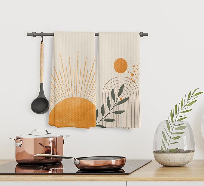 Boho Sun Sunrise Sunshine Rainbow Botanical Leaf Kitchen Towels and Dishcloths Set of 2,Boho Absorbent Drying Cloth Hand Towels Tea Towels for Bathroom Kitchen,Boho Gifts for Women Girls,16×24 inches