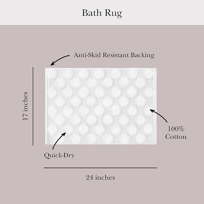 Kate Spade New York Dotted Woven Bath Rug, 17 in x 24 in, Absorbent Bath Mat, Slip Resistant, Made from 100% Cotton, Machine Washable, Marshmallow White