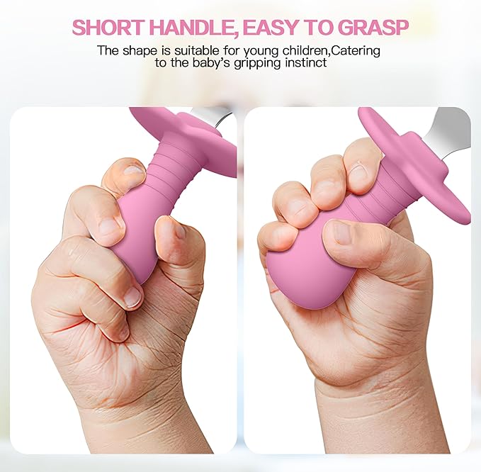 2 Pieces Toddler Utensils Forks and spoons set, Stainless Steel Childrens Silverware for Safe flatware Metal Kids Cutlery set with Round Handle, BPA Free, Anti-Choke Design (Pink)