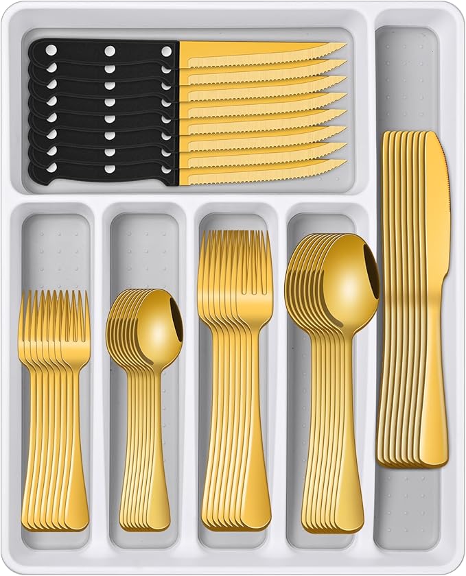 Gold 49 Pieces Stainless Steel Flatware Sets With Organizer,Golden Silverware Sets With Steak Knives Service For 8,Durable Knife And Fork Spoon Sets For Home Kitchen