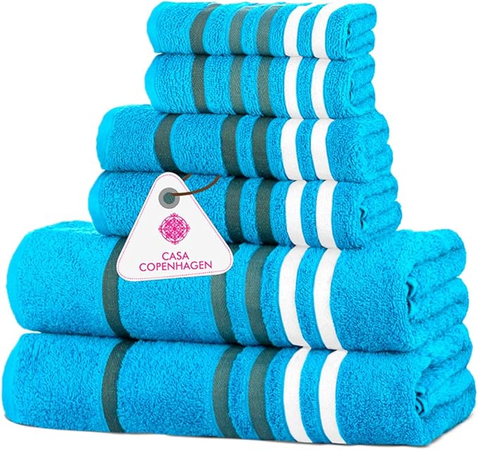 CASA COPENHAGEN Exotic 6 Pieces Towel Set- Teal, 525 GSM 2 Bath Towel 2 Hand Towel 2 Washcloth, Designed in Denmark Made of Soft Egyptian Cotton for Bathroom, Kitchen & Shower