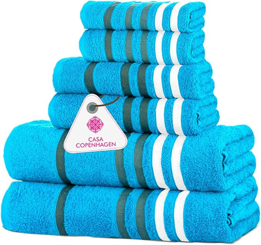 CASA COPENHAGEN Exotic 6 Pieces Towel Set- Teal, 525 GSM 2 Bath Towel 2 Hand Towel 2 Washcloth, Designed in Denmark Made of Soft Egyptian Cotton for Bathroom, Kitchen & Shower