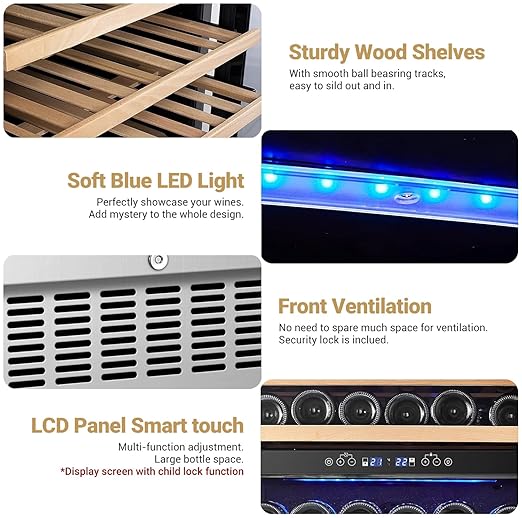 AAOBOSI 46 Bottles Wine Fridge, 24 Inch Wine Cooler with Dual Zone, Freestanding and Built-in Wine Refrigerator with Blue LED Light and Adjustable Shelves, Double-Layer Glass Door, Safety Lock