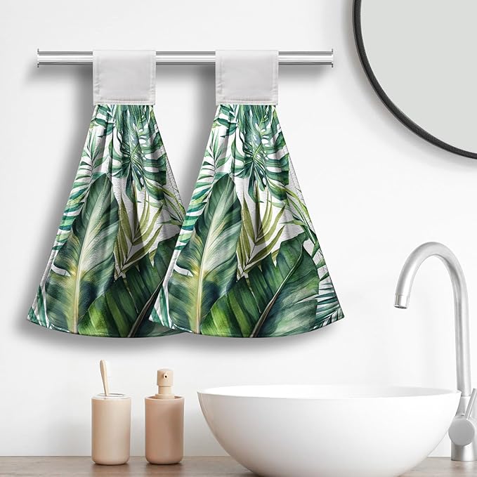 Summer Tropical Banana Leaf Hand Tie Towel Green Palm Leaves Kitchen Towels with Hanging Loop Jungle Hanging Dish Towel 2 Pcs Decorative Absorbent Tea Towels for Bathroom Kitchen