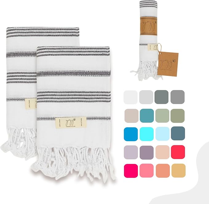 Hand Towels - Set of 2, 18" x 30" inches, Decorative Peshtemal Cotton Hand Towels for Kitchen, Bath, Guest, Face, Hair, Gym, Yoga, Dishcloth, Travel (White)