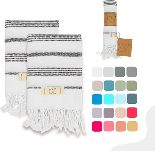 Hand Towels - Set of 2, 18" x 30" inches, Decorative Peshtemal Cotton Hand Towels for Kitchen, Bath, Guest, Face, Hair, Gym, Yoga, Dishcloth, Travel (White)