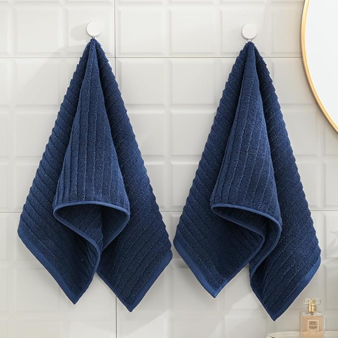 sense gnosis Navy Hand Towel Set of 2 Soft Stereoscopic Ladder Striped Design 100% Cotton Absorbent Luxury Decorative Towel for Bathroom 13 x 29 Inch