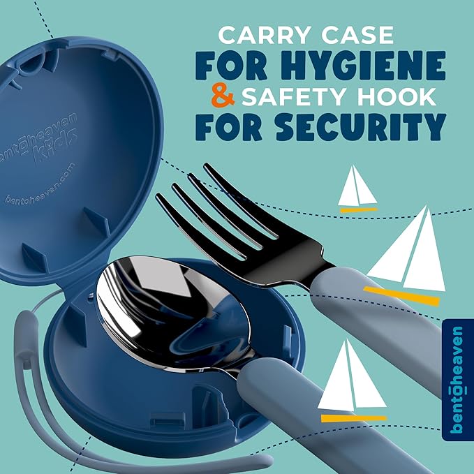 Bentoheaven Kids Travel Utensils with Case, Food-Grade Stainless Steel & BPA-Free Plastic, Travel Kid Cutlery Set, Dishwasher Safe Fork, Spoon & Case, Reusable Flatware, Silverware for Kids (Shark)
