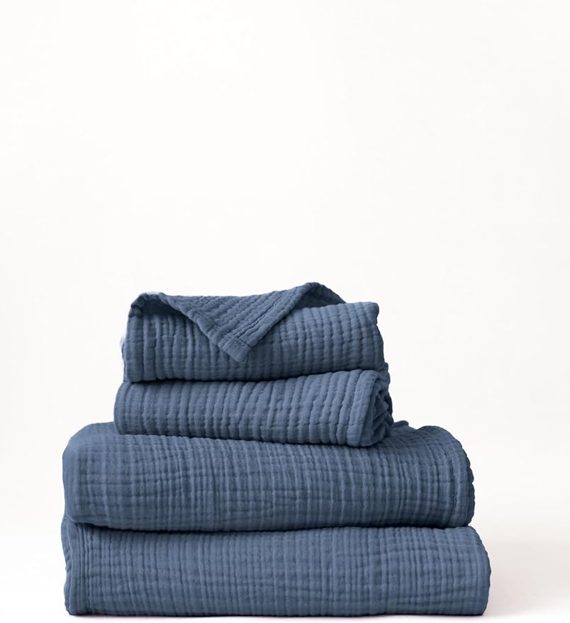 4 Pieces Muslin Towel Set for Bathroom, Luxury 100% Turkish Cotton Thin Soft Quick-Dry Lint-Free Large Size Bath Hand Towel Sets (Indigo Blue, 2 Bath & 2 Hand Towel Set)