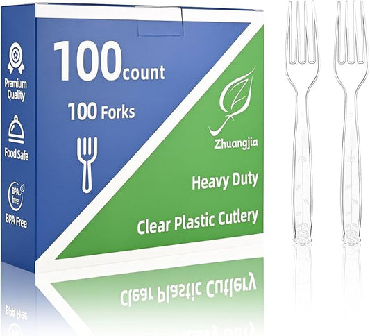 100 Count Extra Heavy Duty Clear Plastic Forks Disposable, BPA-Free, Heat Resistant, Durable Disposable Forks Bulk for Catering & Events 、Party Supplies