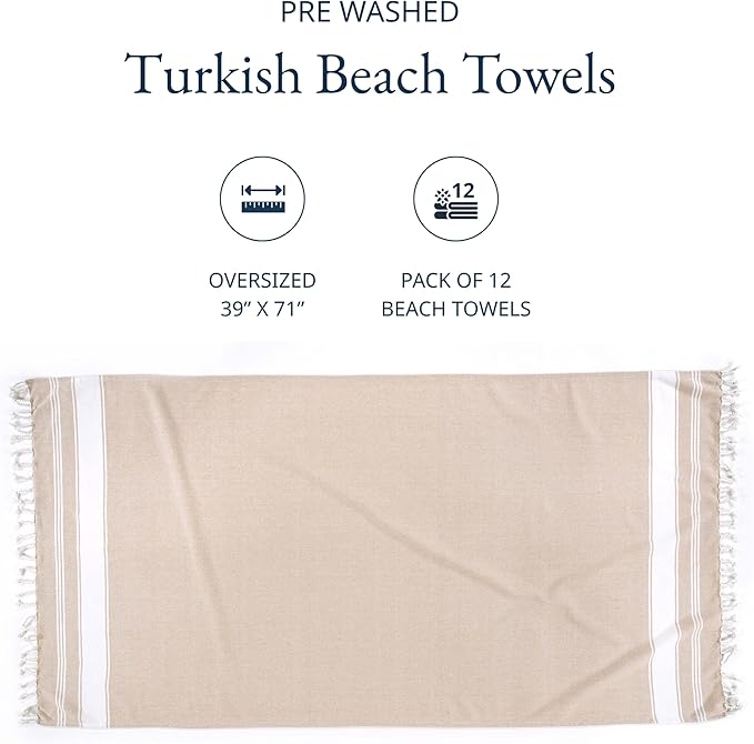 LANE LINEN Turkish Beach Towels Set of 12, Oversized Beach Towel, Lightweight Beach Essentials for Women, Large Pool Towel, Absorbent & Quick Dry, Sand Free Beach Towel, 39"x71" - Dazzling Dozen