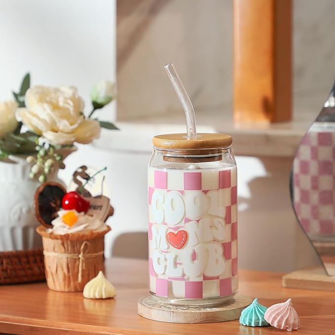 Christmas gift Mom Drinking Cup with Lid and Straw, 16oz Coffee Can Glass Cups, Cool Moms Club Cup from Daughter and Son, Christmas Birthday Present Ideas for Mother, New Moms, Mom To Be