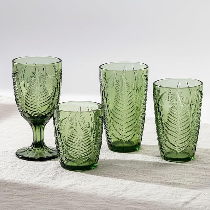 Vintage Green Drinking Glasses Set of 4, 16 oz Handcrafted Glass Tumblers, Heavy Textured Highball Cups, Fern Embossed Antique Colored Glassware, Retro Boho Aesthetic Drinkware, Housewarming Gift Set