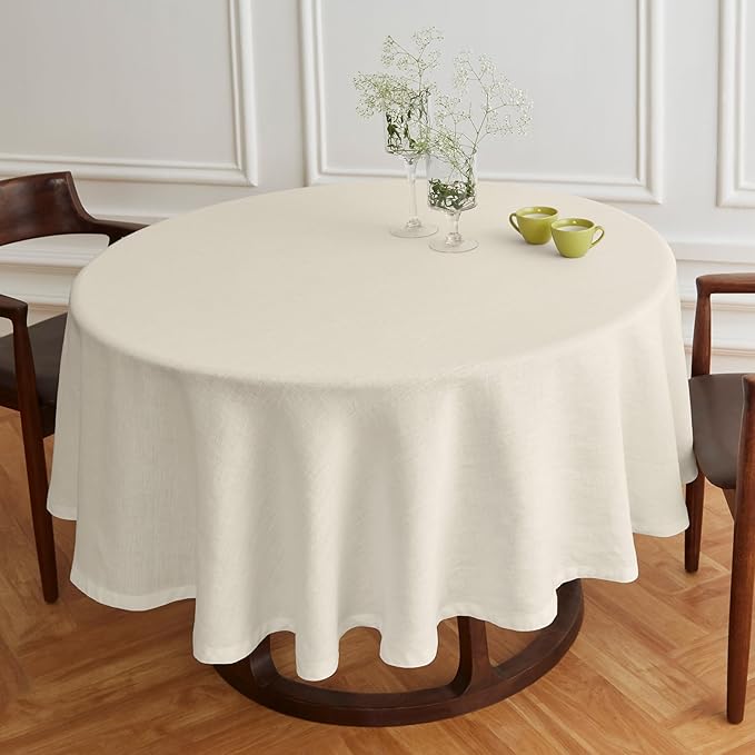 Solino Home Linen 60 Inch Round Tablecloth - 100% Pure Linen Ivory Round Tablecloth - Machine Washable Table Cloth for Holiday, New Year - Sonoma