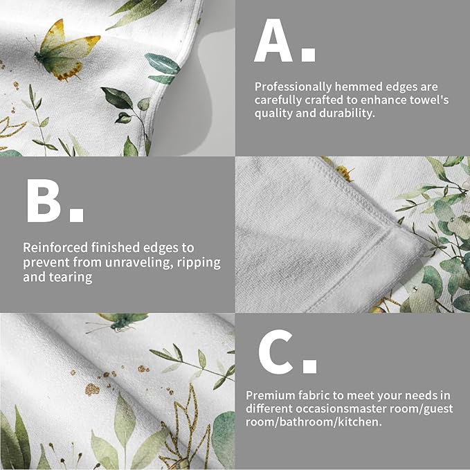 Sage Green Leaves Hand Towels for Bathroom Set of 2 Spring Green Floral Bath Towels 14X28 Inch Spring Kitchen Towels Soft Absorbent Decorative Quick Drying Fingertip Towels for Shower Face Gym Spa