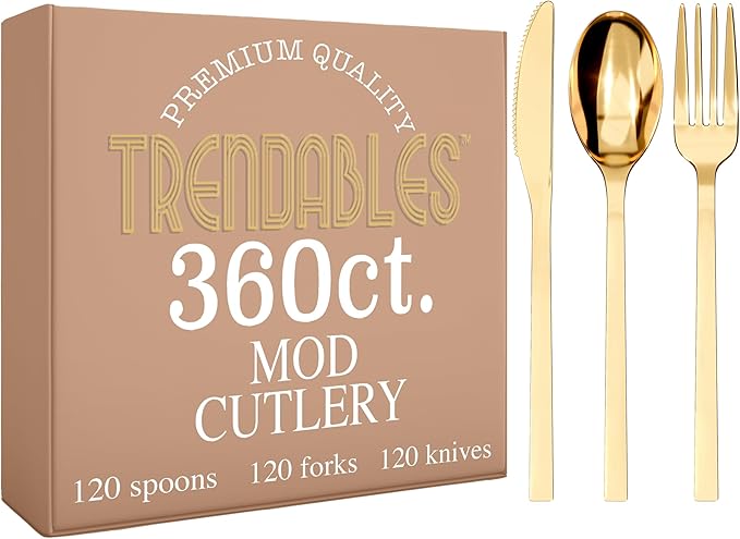 Gold Plastic Silverware Set Gold Silverware Disposable Forks and Spoons Disposable 360 Pack Plastic Utensils Set Includes 3 x 120 each Knives & Spoons & Forks For Parties and Events by Trendables