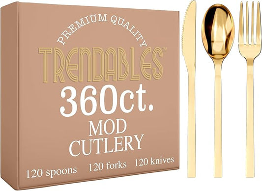 Gold Plastic Silverware Set Gold Silverware Disposable Forks and Spoons Disposable 360 Pack Plastic Utensils Set Includes 3 x 120 each Knives & Spoons & Forks For Parties and Events by Trendables