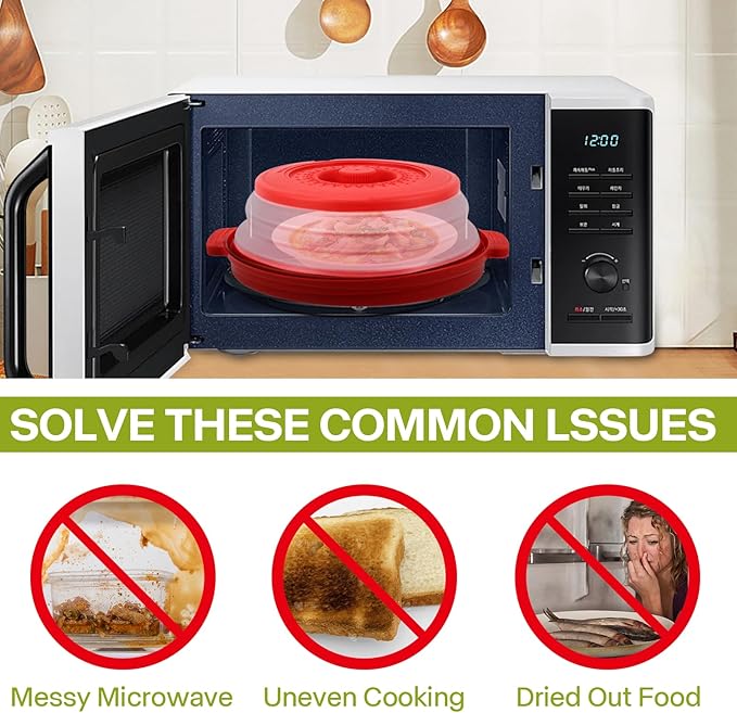 Microwave Splatter Cover for Food with Anti-scald Base Plate,Large Plastic & Silicone Vented Avoid Scalding Collapsible Guard Lid, Plate Holder & Kitchen Colander for Meal Prep-10.7 Inch (2 Pcs BRed)