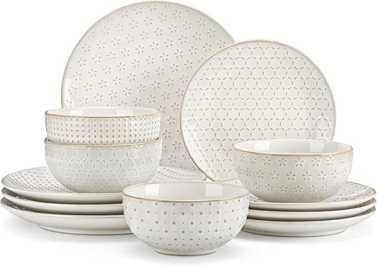 MALACASA 16 Pieces Dinnerware Sets, Modern Relief Design Plates and Bowls Sets, White Dish Set for 4, Kitchen Ceramic Dinner Plates Dishware Set, Microwave and Dishwasher Safe, Series LYDIA