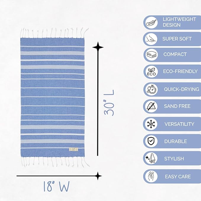 Hand Towels - Set of 2, 18" x 30" inches, Decorative Peshtemal Cotton Hand Towels for Kitchen, Bath, Guest, Face, Hair, Gym, Yoga, Dishcloth, Travel (Royal)