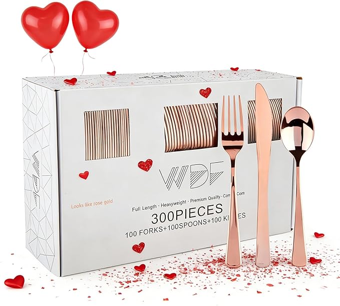 WDF 300 Pieces Rose Gold Plastic Silverware- Disposable Flatware Set - Heavy Duty Plastic Cutlery Includes 100 Forks, 100 Spoons, 100 Knives Perfect for Valentines day, Wedding, Party
