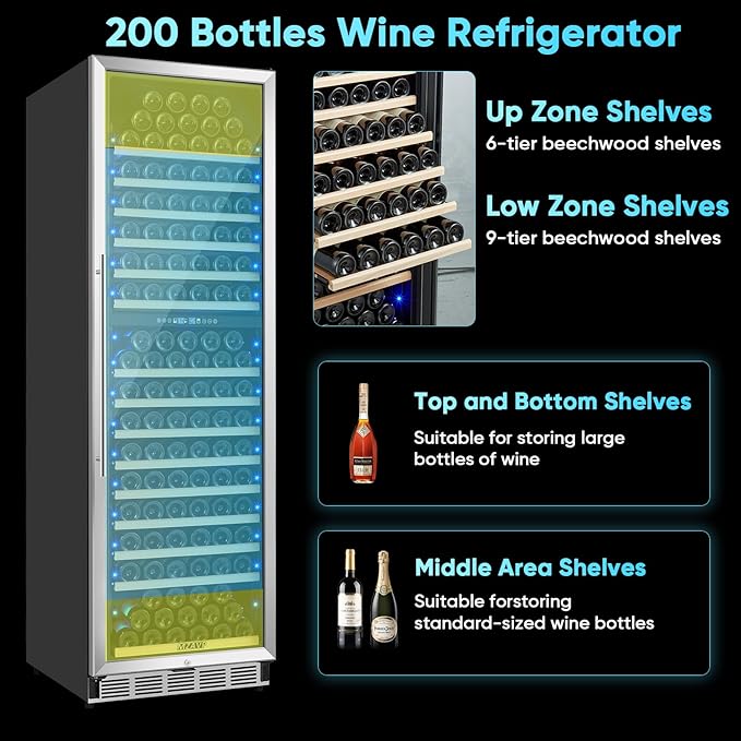 200 Bottle Wine Fridge, 24 Inch Wine Cooler Refrigerator Freestanding or Built-in, Professional Dual Zone Temperature Control, Low Noise Operation and Advanced Compressor Cooling