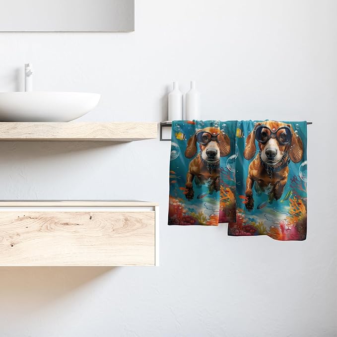 Imiss Funny Dog Hand Towels Set of 2 Sea Ocean Themed Small Bath Towel Guest Towels 14.4 x 28.3 Inch for Kitchen,Dish,Gym,Spa