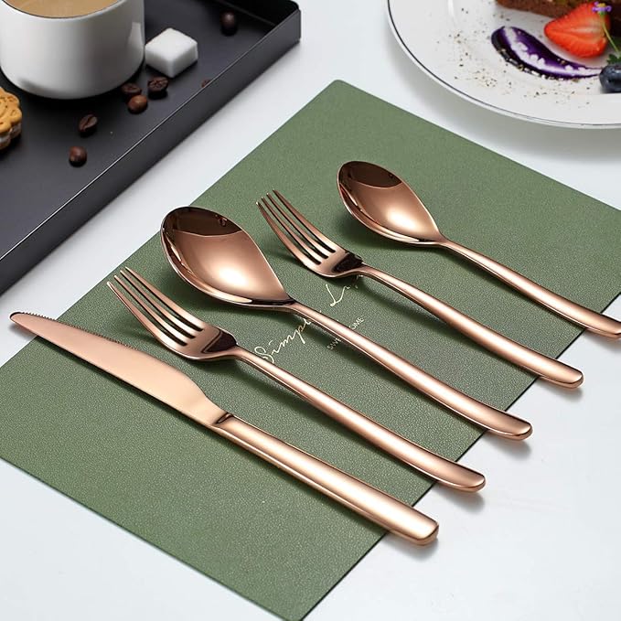 Silverware Set 20 Pieces, Stainless Steel Flatware Set, Titanium Plated Rose Gold Cutlery with Copper Utensils for 4