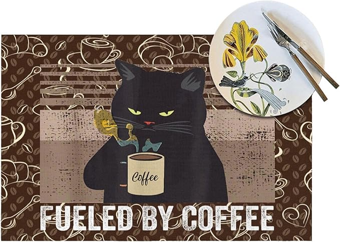 Vintage Cat Placemats Set of 4 Linen 12"x18" Retro Coffee Place Mats Washable Heat-Resistant Cute Kitchen Table Mats for Dining Outdoor Home Decor