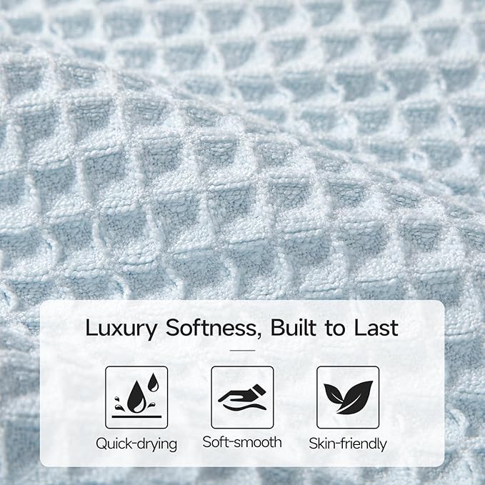 REDKISS 8 Pack Microfiber Waffle Bath Towels - Blue Waffle Towels for Bathroom, Extra Large, Highly Absorbent, Quick Dry Bath Towel Set, Lint Free Bathroom Towel for Gym, Shower, Hotel and Spa