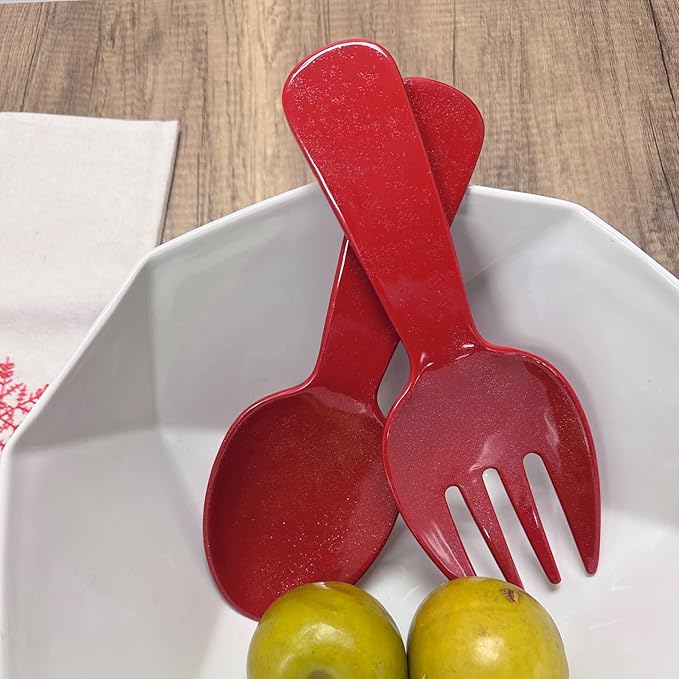 UPware Twinkle Dust Melamine Salad Servers, Serving Utensil Set, Includes Serving Fork and Spoon for Tossing Salad, Pasta, Christmas Decorations, Red, 10.75 Inch, Set of 2