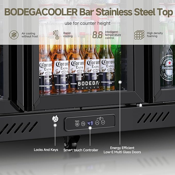 BODEGACOOLER Back Bar Cooler with 3 Glass Doors,12 Cu.Ft Undercounter Commercial Bar Beverage Refrigerator,Stainless Steel Top Drink Fridge for Beer Soda LED Lighting,DOE Approved,Restaurant,Store