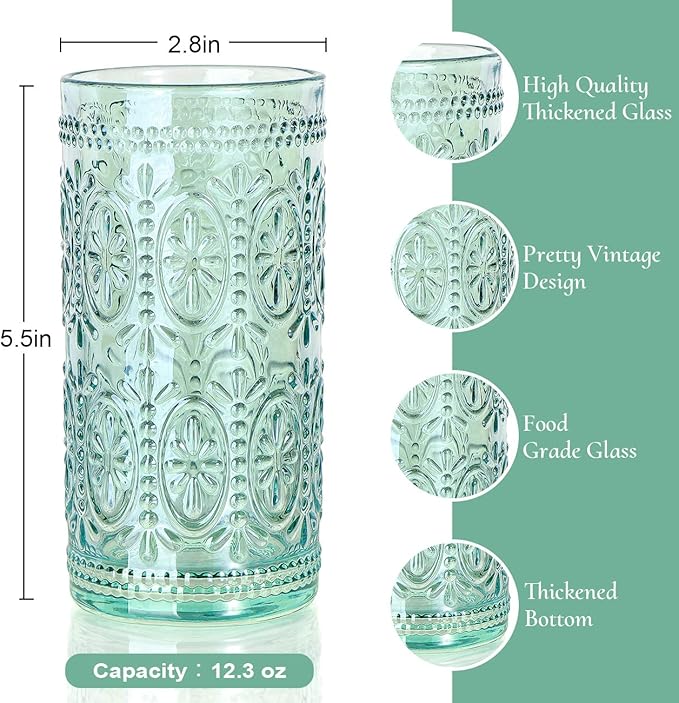 Green Drinking Glasses Set of 4, Vintage Drinking Glasses, Colored Glassware Drinking, Highball Beverage Glasses Cup, Vintage Glassware Set for Water, Juice, Cocktail, Coffee