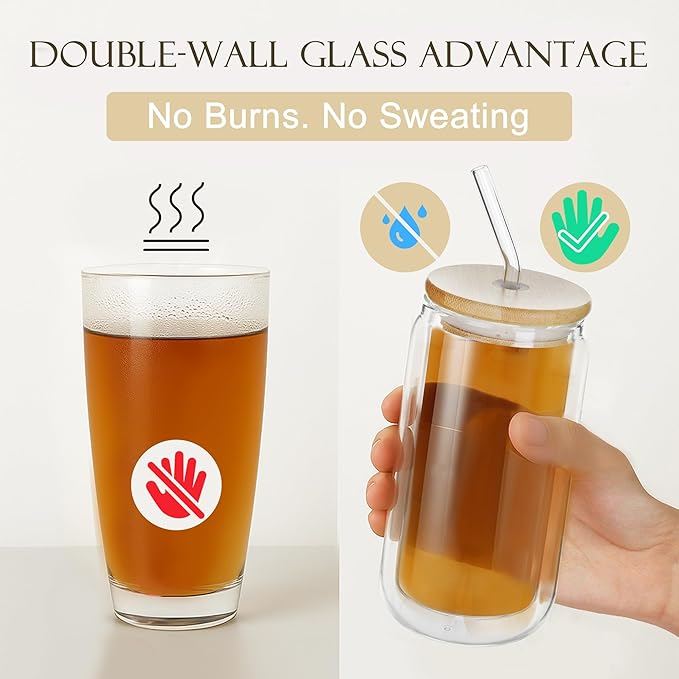 LIBWYS 12oz 4pcs Double Wall Glass Cups with Bamboo Lids and Straws - Condensation Resistant Insulated Drinking Glasses for Cold Beverages, Iced Coffee, Tea, Juice, Clear Borosilicate Glass Tumbler