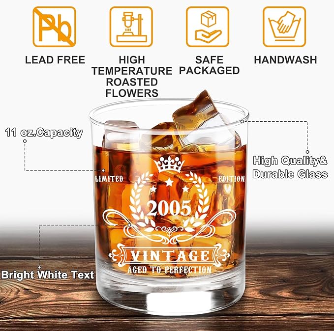 YeohJoy 21st Birthday Gifts for Him,Vintage 2005 Whiskey Glass Set,Wood Box &2005 Poster Anniversary Card & Whiskey Stones & Coaster,Bday Gifts Ideas for Him, Dad, Husband
