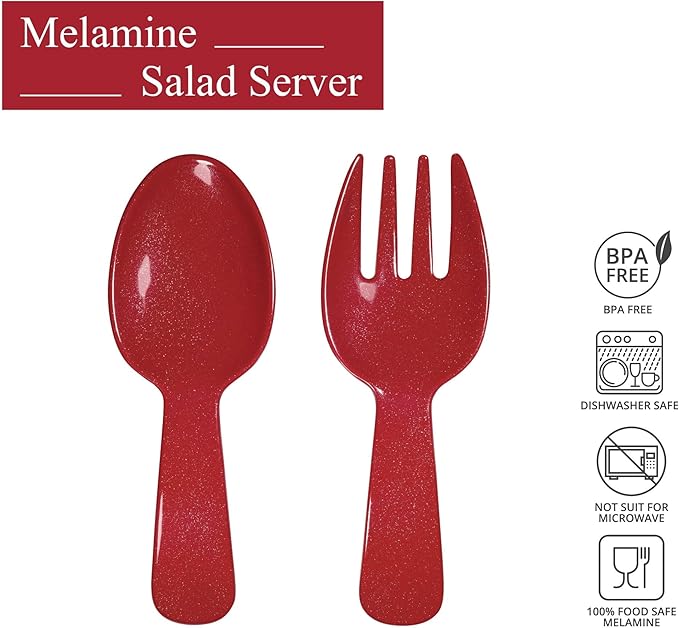 UPware Twinkle Dust Melamine Salad Servers, Serving Utensil Set, Includes Serving Fork and Spoon for Tossing Salad, Pasta, Christmas Decorations, Red, 10.75 Inch, Set of 2