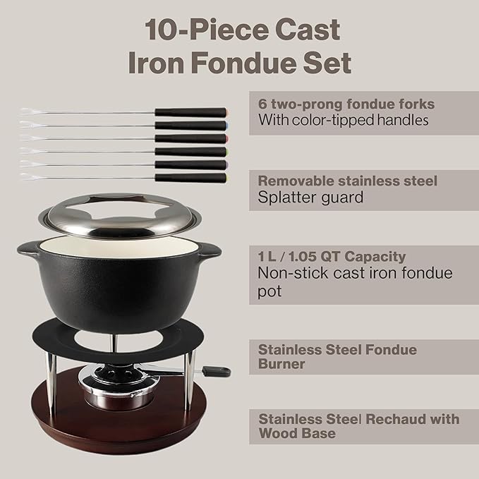 Swissmar Summit 10-Piece Matte Black Cast Iron Fondue Set - Ideal for Melting Cheese, Chocolate, Butter, & More - Perfect for Kitchen Collection & Wedding Gift Giving - 1Liter / 1.05 Quart