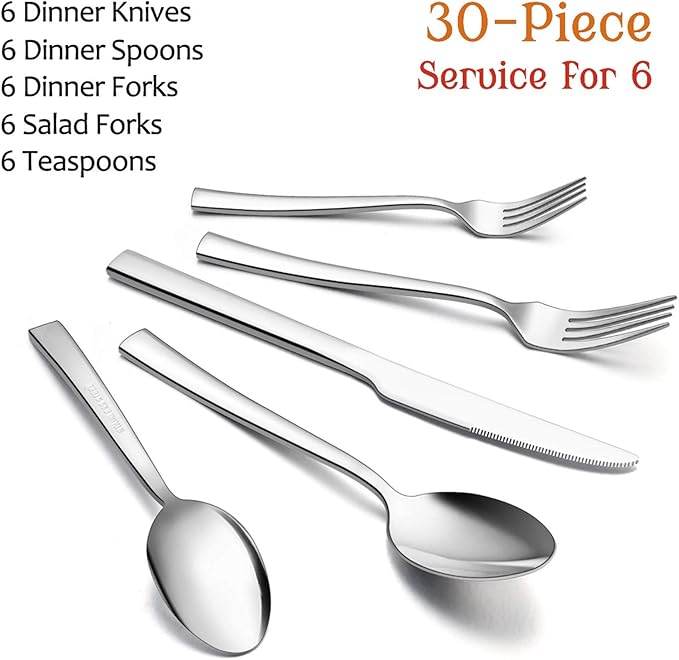 30-Piece Silverware Set, E-far Stainless Steel Flatware Set Service for 6, Modern Tableware Cutlery Set for Home and Restaurant, Square Edge & Mirror Finish, Dishwasher Safe