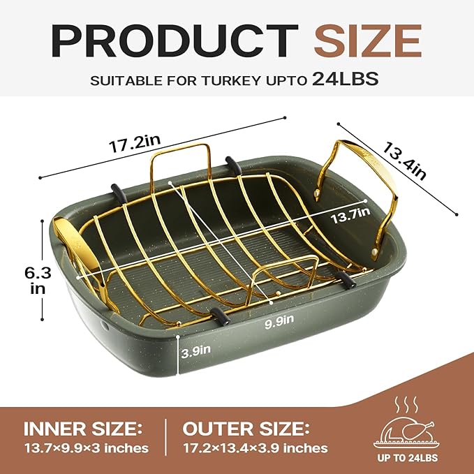 Nonstick Roasting Pan, 17 Inch x 13 Inch Large Roaster Pan with Removable Rack, Roaster for Roasting Turkey, Meat & Vegetables (Green）