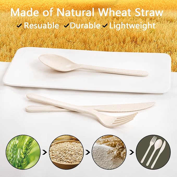 Supernal 180pcs Heavy Duty, Reusable Wheat Straw Silverware - 180pcs Plastic Forks and Spoons, Dishwasher Safe, Beige Color for Party, Birthday, Wedding