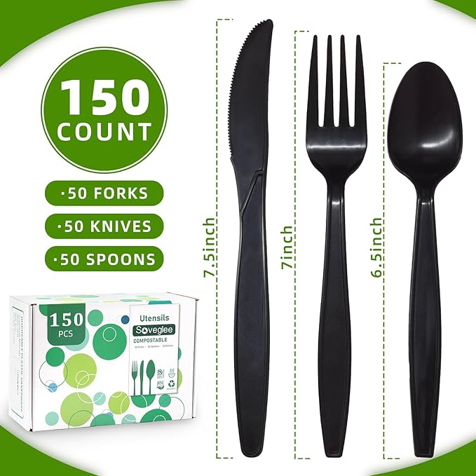 Black No Plastic Silverware, Disposable Compostable Utensils 50 Forks 50 Spoons 50 Knives Disposable Cutlery, Eco Friendly Compostable Utensils, Disposable Forks Spoons Knives Set for Party Office