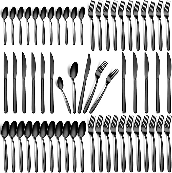 Black Silverware Set - 60PCS Stainless Steel Silverware Set for 12, Includes Forks Spoons and Knives, Utensil Sets for Home Kitchen Restaurant, Dishwasher Safe