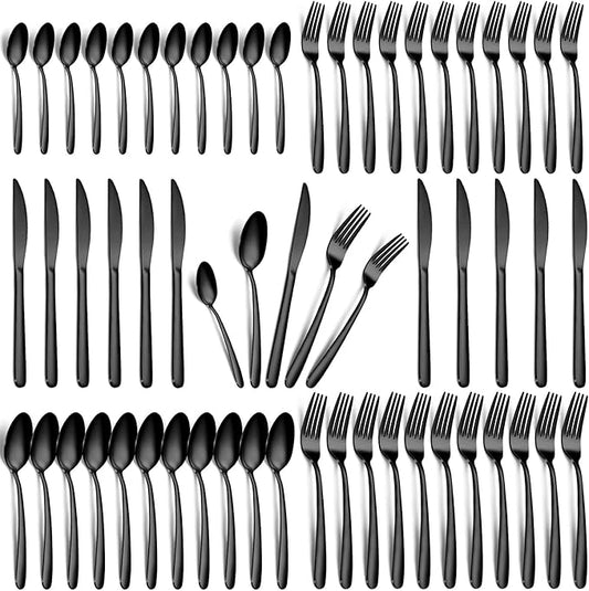 Black Silverware Set - 60PCS Stainless Steel Silverware Set for 12, Includes Forks Spoons and Knives, Utensil Sets for Home Kitchen Restaurant, Dishwasher Safe